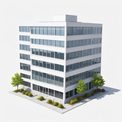 A white office building with windows and green trees