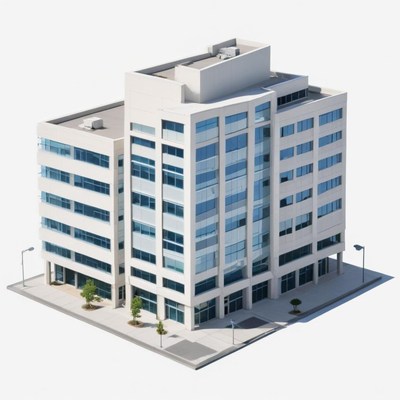 A white office building stands tall on a city street