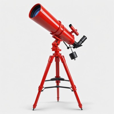 A red telescope on a tripod is ready for stargazing