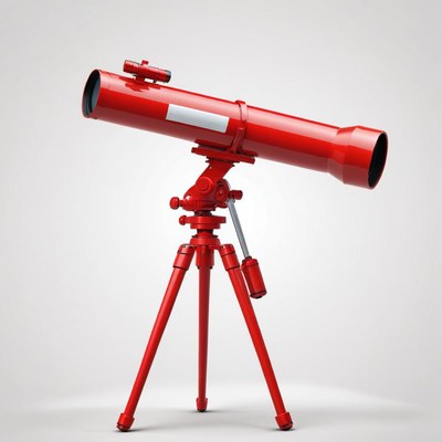 A red telescope sits on a tripod