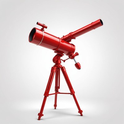 A red telescope on a tripod