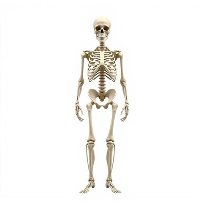 A human skeleton stands against a white background