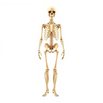 A human skeleton stands against a white background