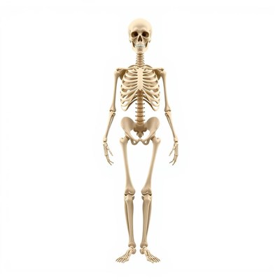 A human skeleton stands against a white background