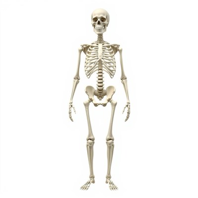 A human skeleton stands on a white background