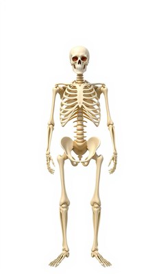 A human skeleton stands on a white background