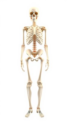 A human skeleton stands on a white background