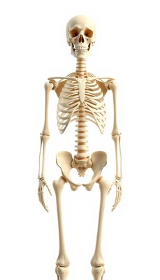 A human skeleton stands against a white background