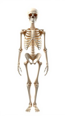 A human skeleton stands against a white background
