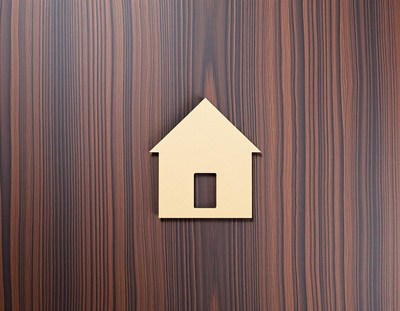 A wooden house cutout on a dark wood surface