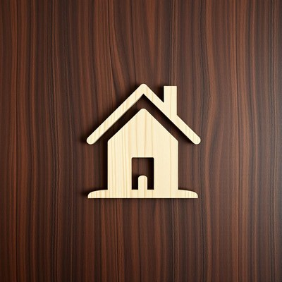 A wooden house icon on a brown surface