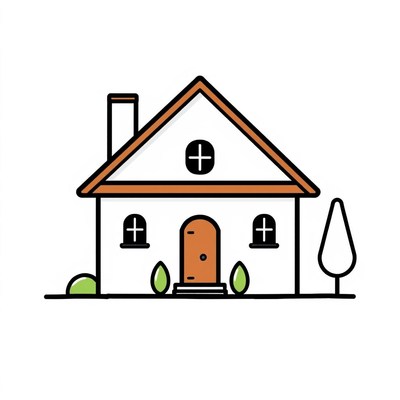 A simple house with a brown door and two windows