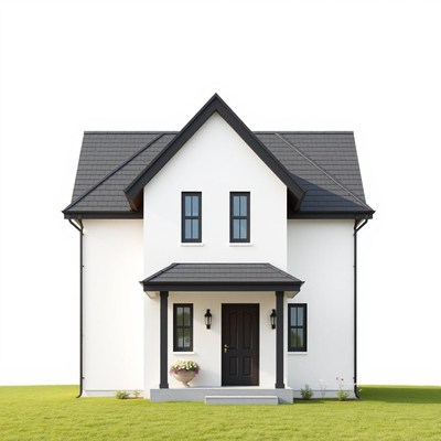 A white house with black trim sits on a patch of green grass