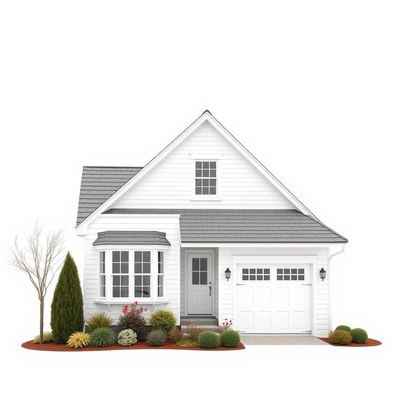 A white house with a gray roof and landscaping