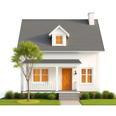 White house, orange door, small tree out front