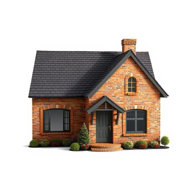 A small brick house with a black door and windows