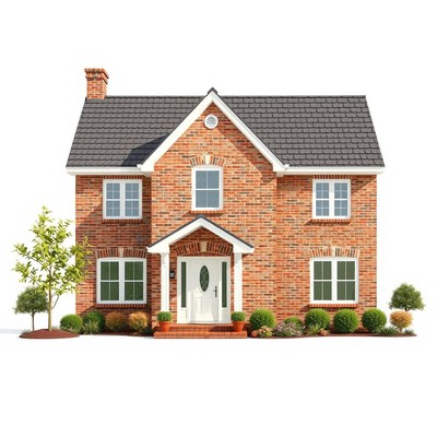 A brick house with a white door and gray roof