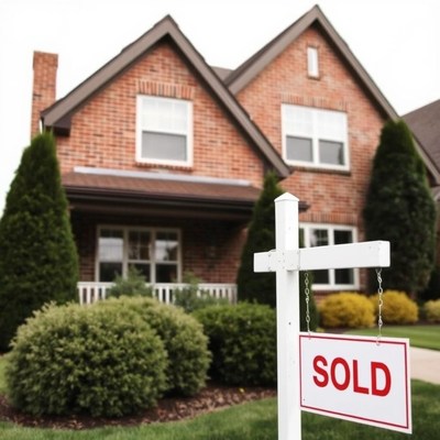 A brick house with a sold sign in front