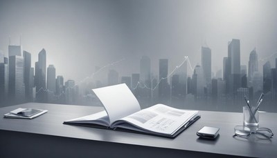 Open book on desk, city skyline behind it