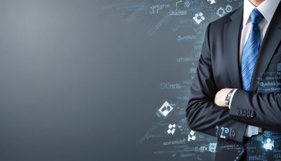 A businessman confidently stands by a whiteboard