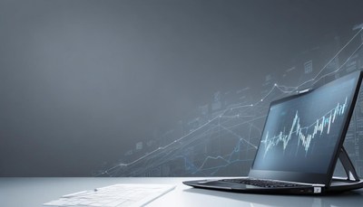 A laptop displaying a stock chart sits on a desk