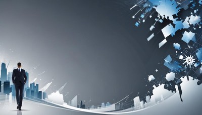 A man walks toward a city skyline