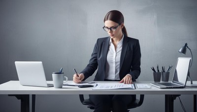 A woman in a suit is working at her desk