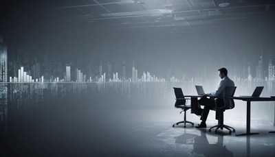 A man works on his laptop in an office with a cityscape view