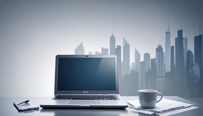 Laptop on desk with city skyline behind it