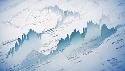 A blue line graph shows financial data