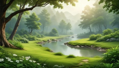 A winding river flows through a lush green forest