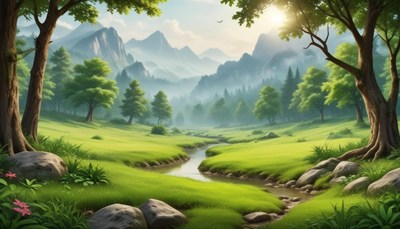 A stream winds through a lush valley by mountains