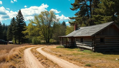 A dirt road winds past a log cabin in the woods