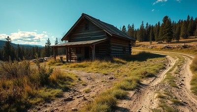A wooden cabin sits by a dirt road in the mountains