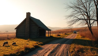 A log cabin sits near a dirt road in the countryside
