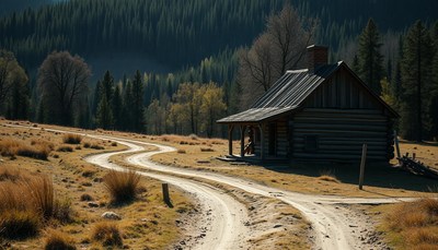 A rustic cabin sits on a dirt road in the mountains