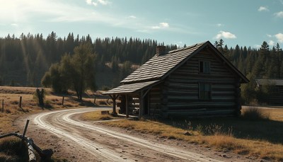 A log cabin sits by a dirt road in the woods