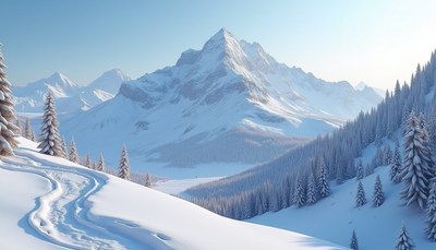 A snowy mountain range in the winter