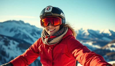 A woman smiles in a ski helmet and goggles on a mountain