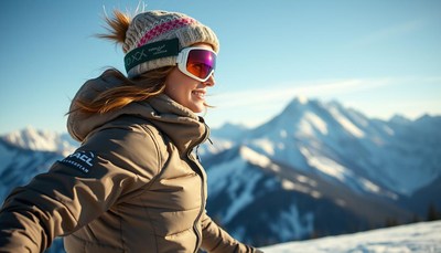 A woman smiles on a snowy mountain