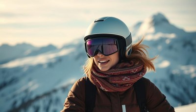 Woman smiles in mountains, wearing helmet and goggles