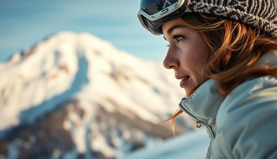 A woman looks out over a snowy mountain in the afternoon