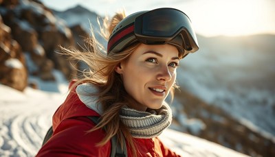 A woman smiles in the snow, wearing ski goggles