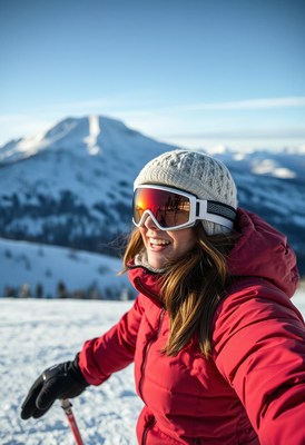 A woman smiles on a snowy mountain