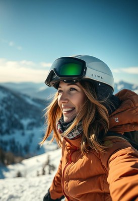 Woman smiles with helmet and goggles on snowy peak