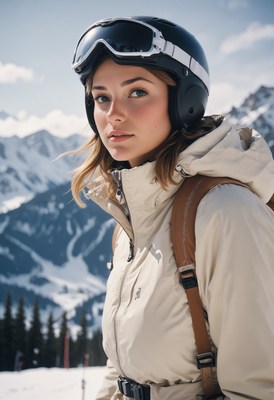 A woman in a ski helmet looks at the camera in the mountains
