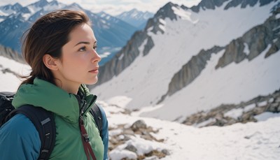 A woman admires the snow-covered mountains