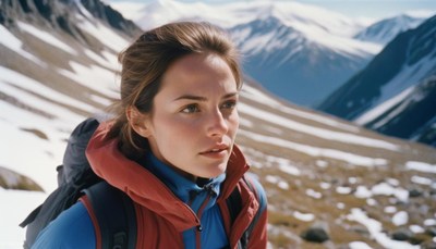 A woman hikes in the mountains on a sunny day