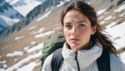 A woman hikes through a snowy mountain range