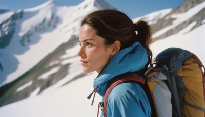 A woman hikes in snowy mountains